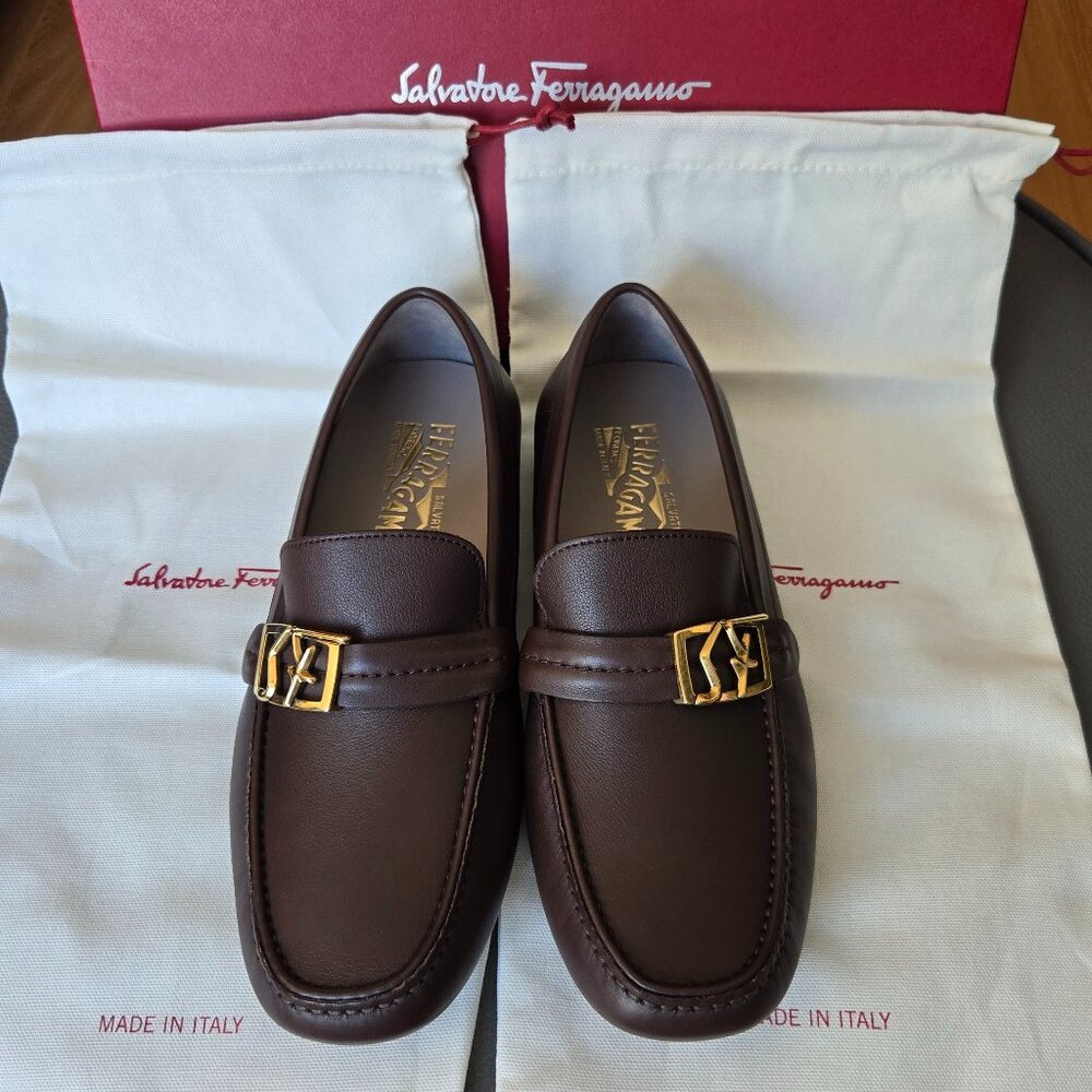 Salvatore Ferragamo Calf Leather Brown Driver Loafers